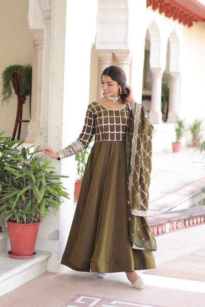 Lorenvalley Fashion Mehendi Vichitra Silk with Rich Sequins & Zari Embroidered work Anarkali Gown with Dupatta