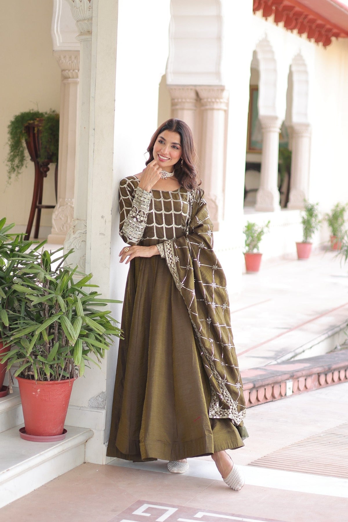 Lorenvalley Fashion Mehendi Vichitra Silk with Rich Sequins & Zari Embroidered work Anarkali Gown with Dupatta