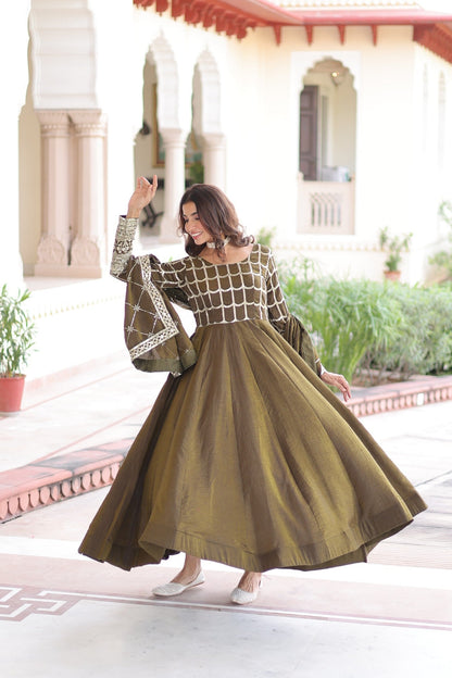 Lorenvalley Fashion Mehendi Vichitra Silk with Rich Sequins & Zari Embroidered work Anarkali Gown with Dupatta