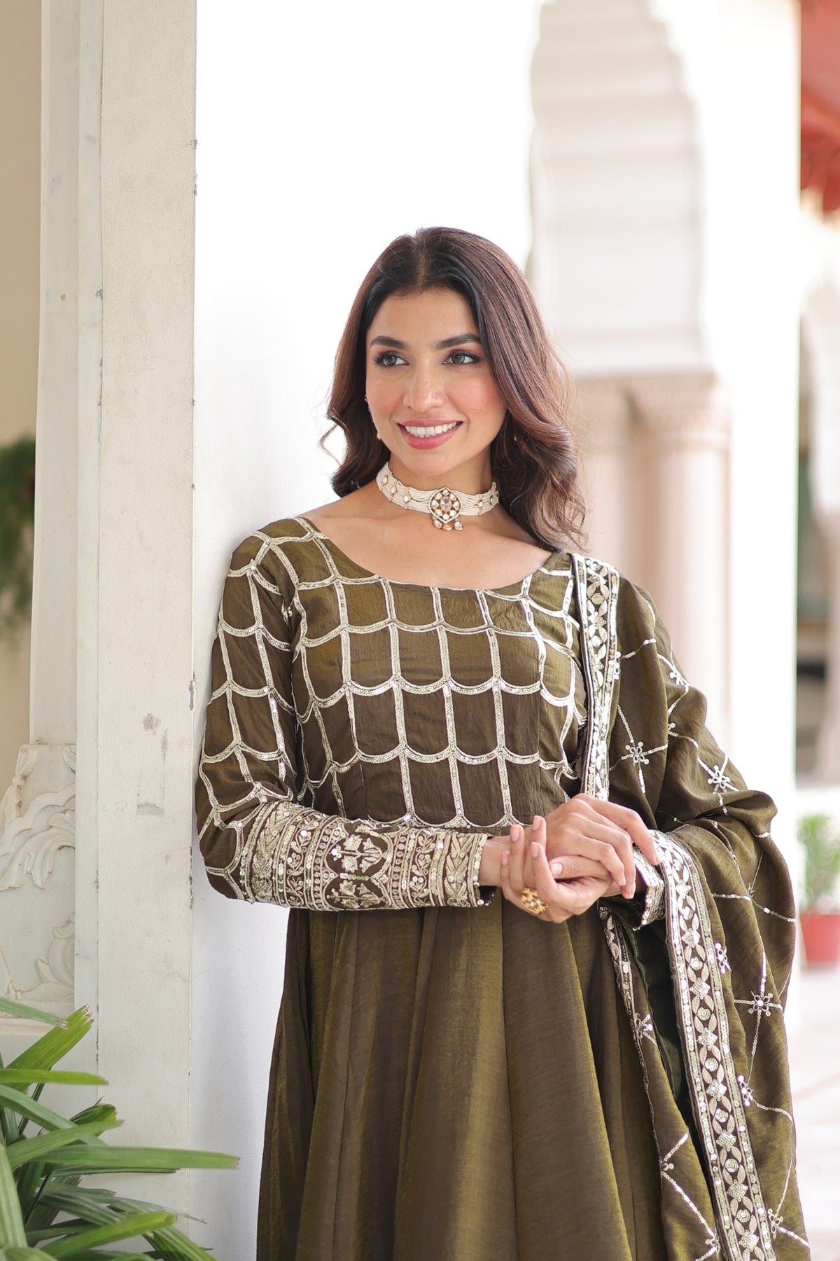 Lorenvalley Fashion Mehendi Vichitra Silk with Rich Sequins & Zari Embroidered work Anarkali Gown with Dupatta