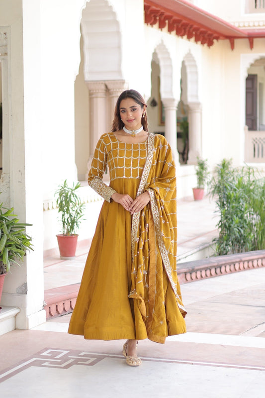 Lorenvalley Fashion Mustard Vichitra Silk with Rich Sequins & Zari Embroidered work Anarkali Gown with Dupatta