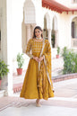 Lorenvalley Fashion Mustard Vichitra Silk with Rich Sequins & Zari Embroidered work Anarkali Gown with Dupatta