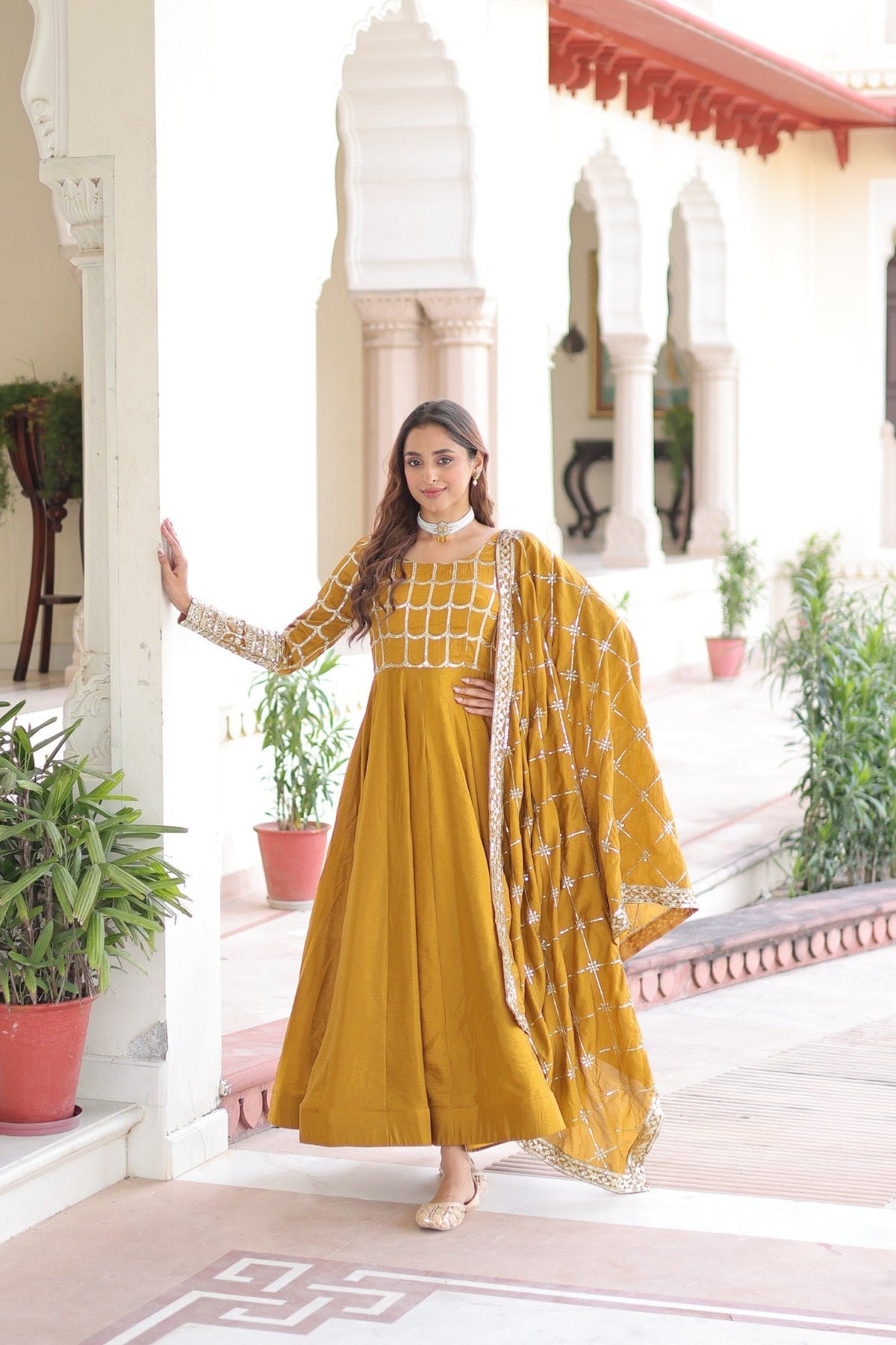 Lorenvalley Fashion Mustard Vichitra Silk with Rich Sequins & Zari Embroidered work Anarkali Gown with Dupatta