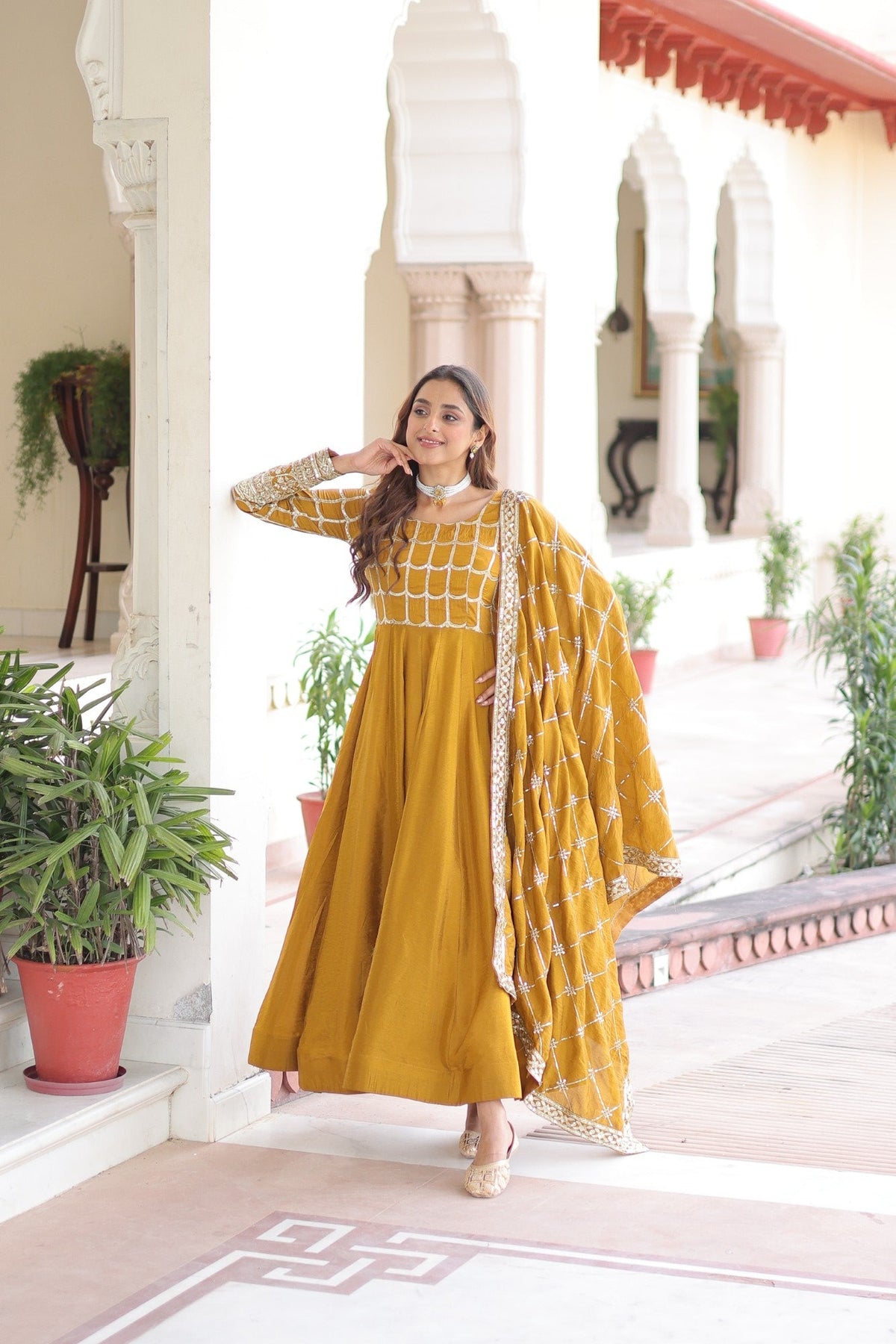 Lorenvalley Fashion Mustard Vichitra Silk with Rich Sequins & Zari Embroidered work Anarkali Gown with Dupatta
