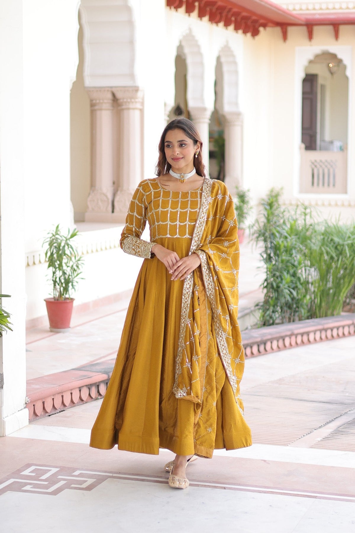 Lorenvalley Fashion Mustard Vichitra Silk with Rich Sequins & Zari Embroidered work Anarkali Gown with Dupatta
