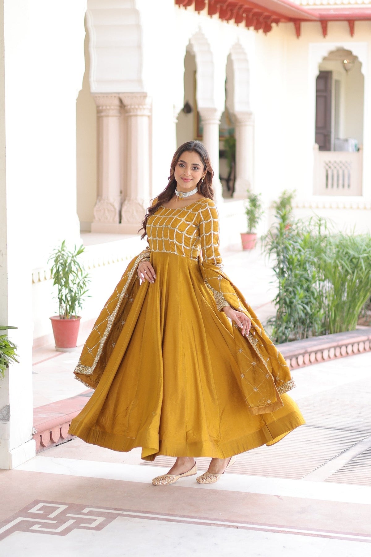 Lorenvalley Fashion Mustard Vichitra Silk with Rich Sequins & Zari Embroidered work Anarkali Gown with Dupatta