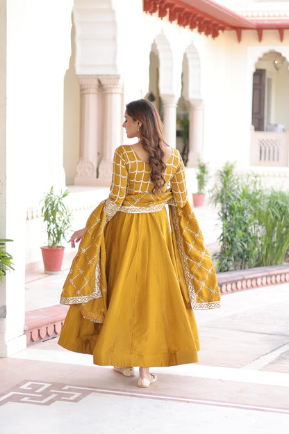 Lorenvalley Fashion Mustard Vichitra Silk with Rich Sequins & Zari Embroidered work Anarkali Gown with Dupatta