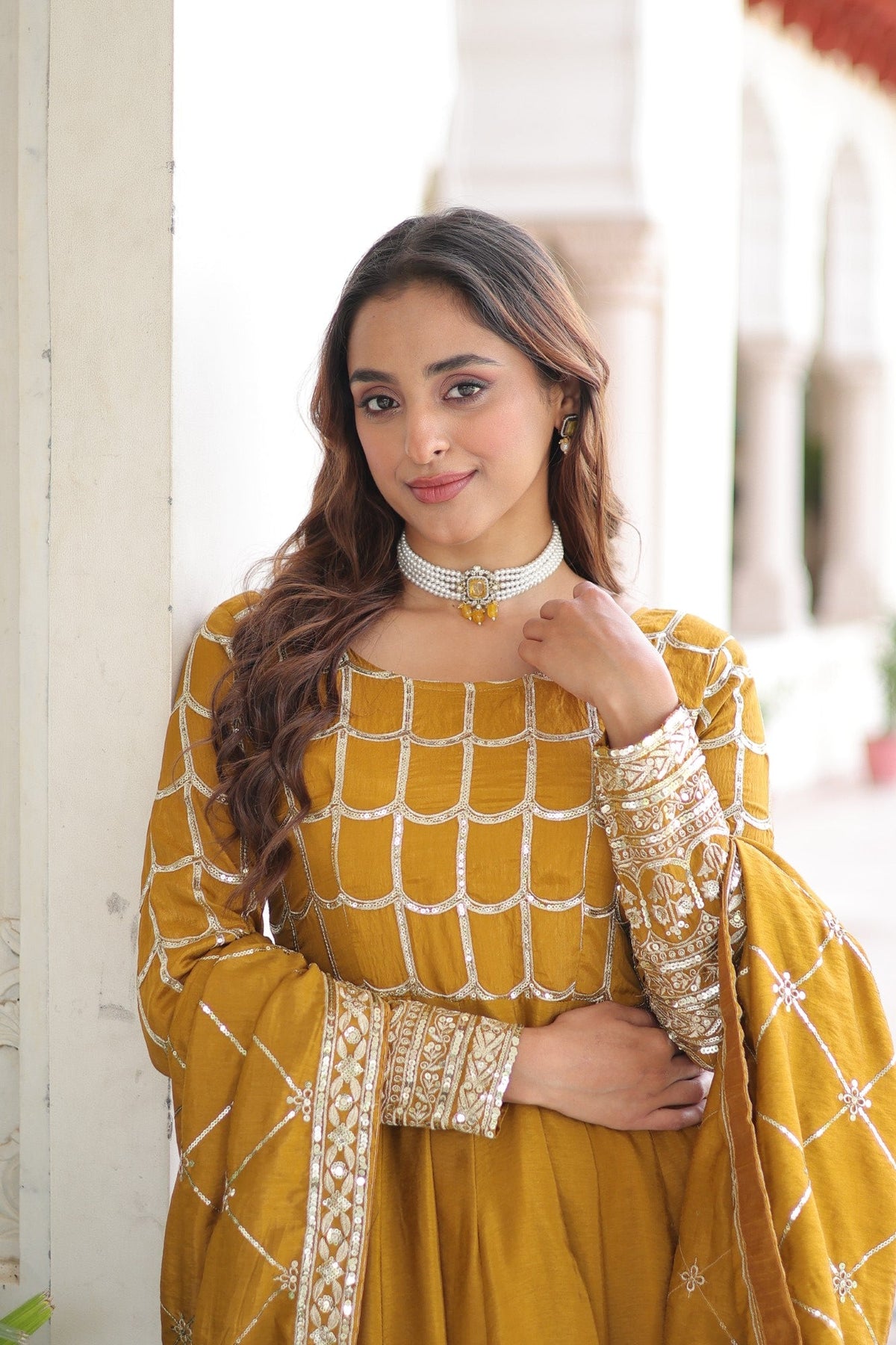 Lorenvalley Fashion Mustard Vichitra Silk with Rich Sequins & Zari Embroidered work Anarkali Gown with Dupatta
