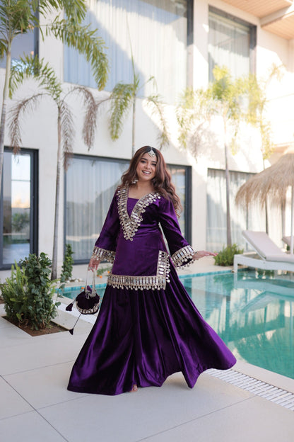 Lorenvalley Fashion Purple Velvet with Rich Zari Embroidered & Real Mirror work Kurta Palazzo with Dupatta