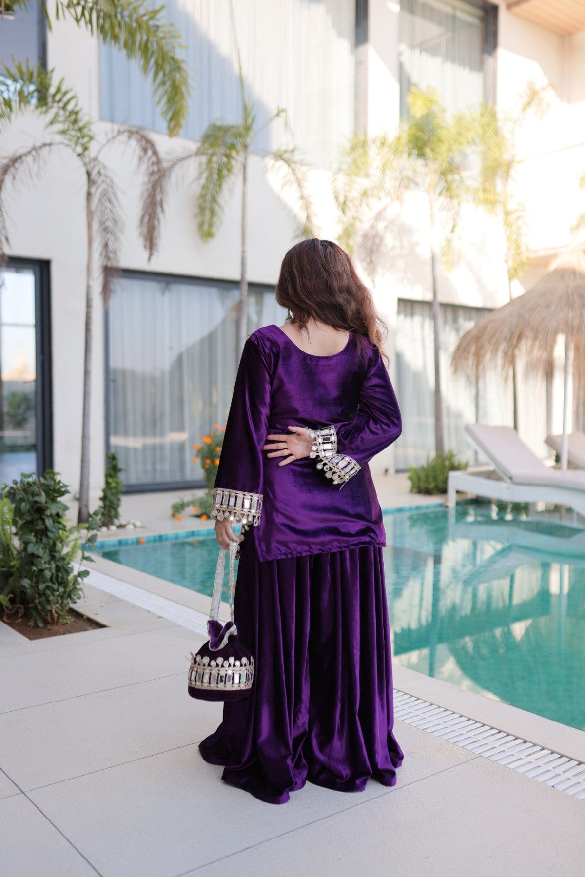 Lorenvalley Fashion Purple Velvet with Rich Zari Embroidered & Real Mirror work Kurta Palazzo with Dupatta