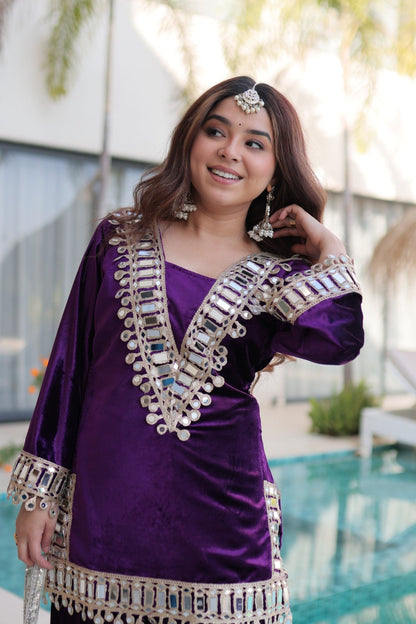 Lorenvalley Fashion Purple Velvet with Rich Zari Embroidered & Real Mirror work Kurta Palazzo with Dupatta