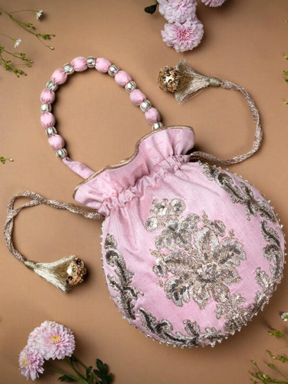 Masq Pink & Gold-Toned Embellished Embroidered Potli Clutch