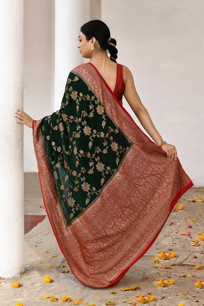 Joban Fashion Green Crepe Chiffon Pure Handloom Banarasi Silk Saree