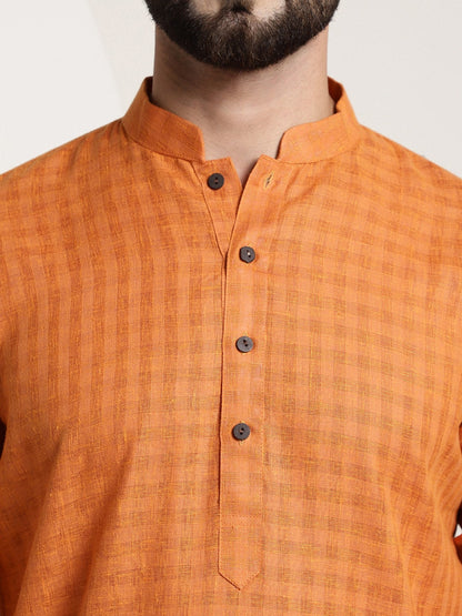Sojanya Men Orange Dobby Self-Checked Straight Kurta