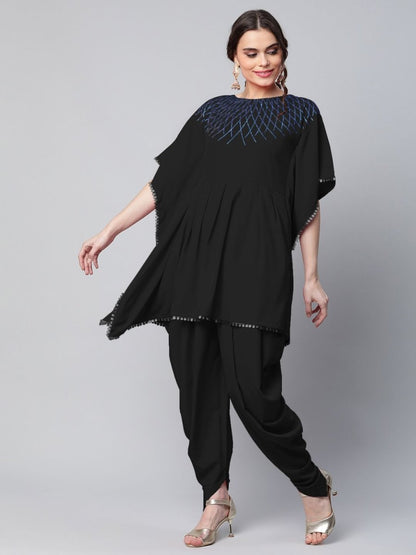 Ahalyaa Women Black Crepe Glitter Printed Kurta with Dhoti Pants