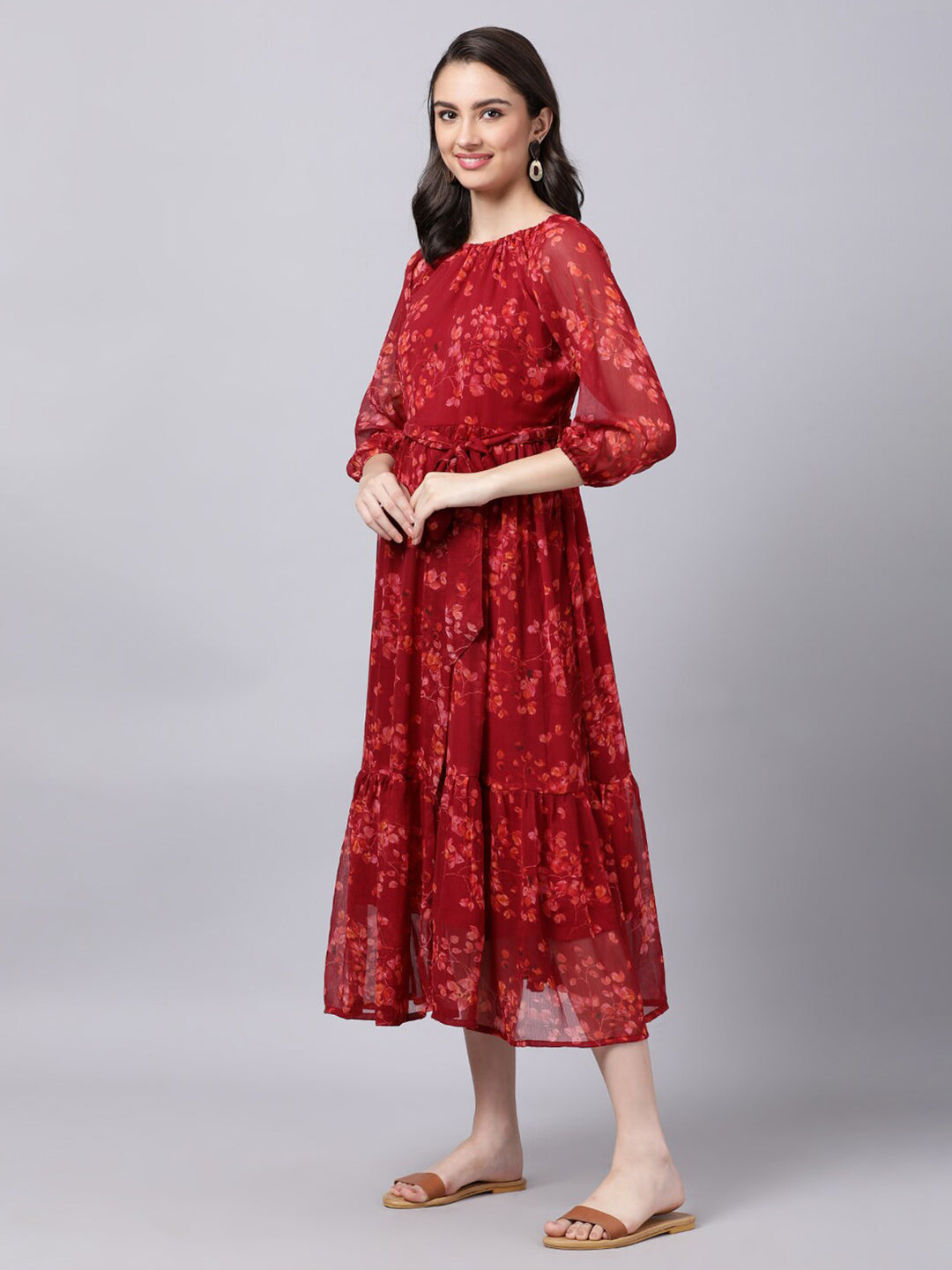 Souchii Maroon Floral Layered Chiffon A-Line Midi Dress