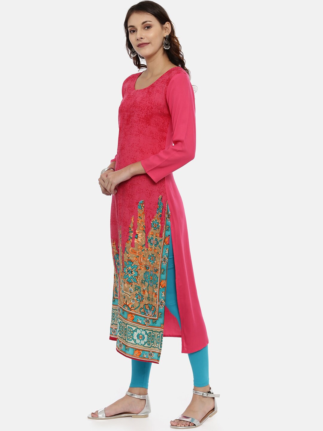 Souchii Pink & Mustard Yellow Printed Straight Kurta