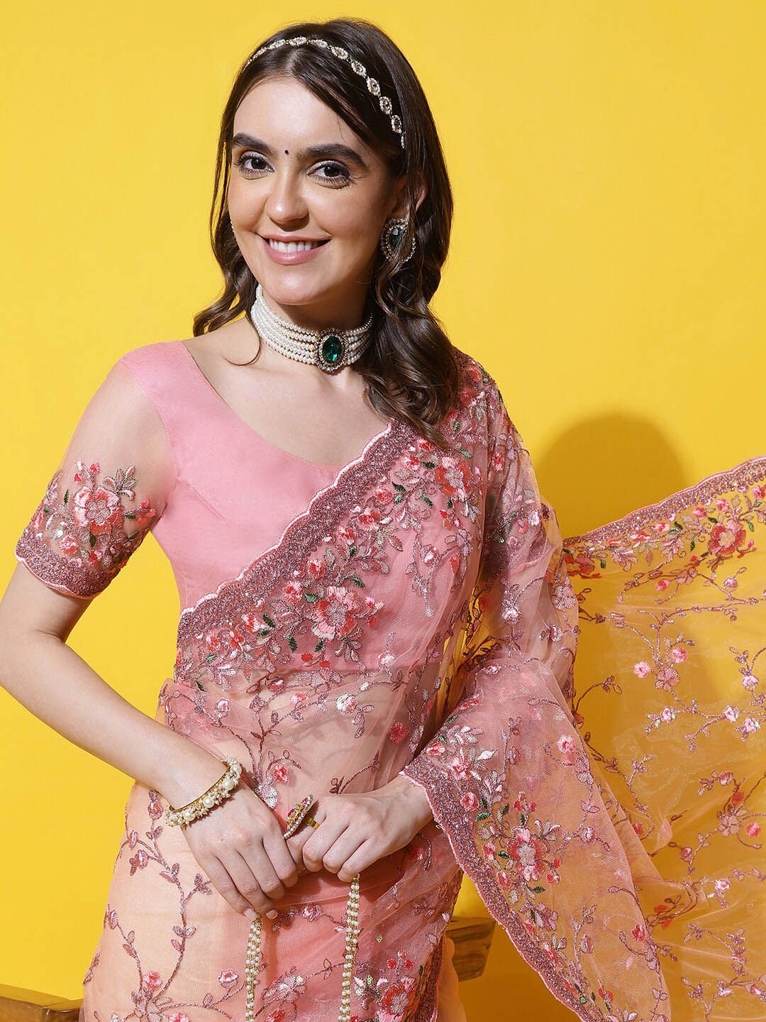 kasee Floral Embroidered Net Saree