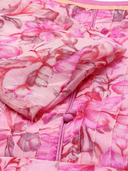Souchii Beautiful Pink & peaches n cream Floral Layered Chiffon Midi Dress