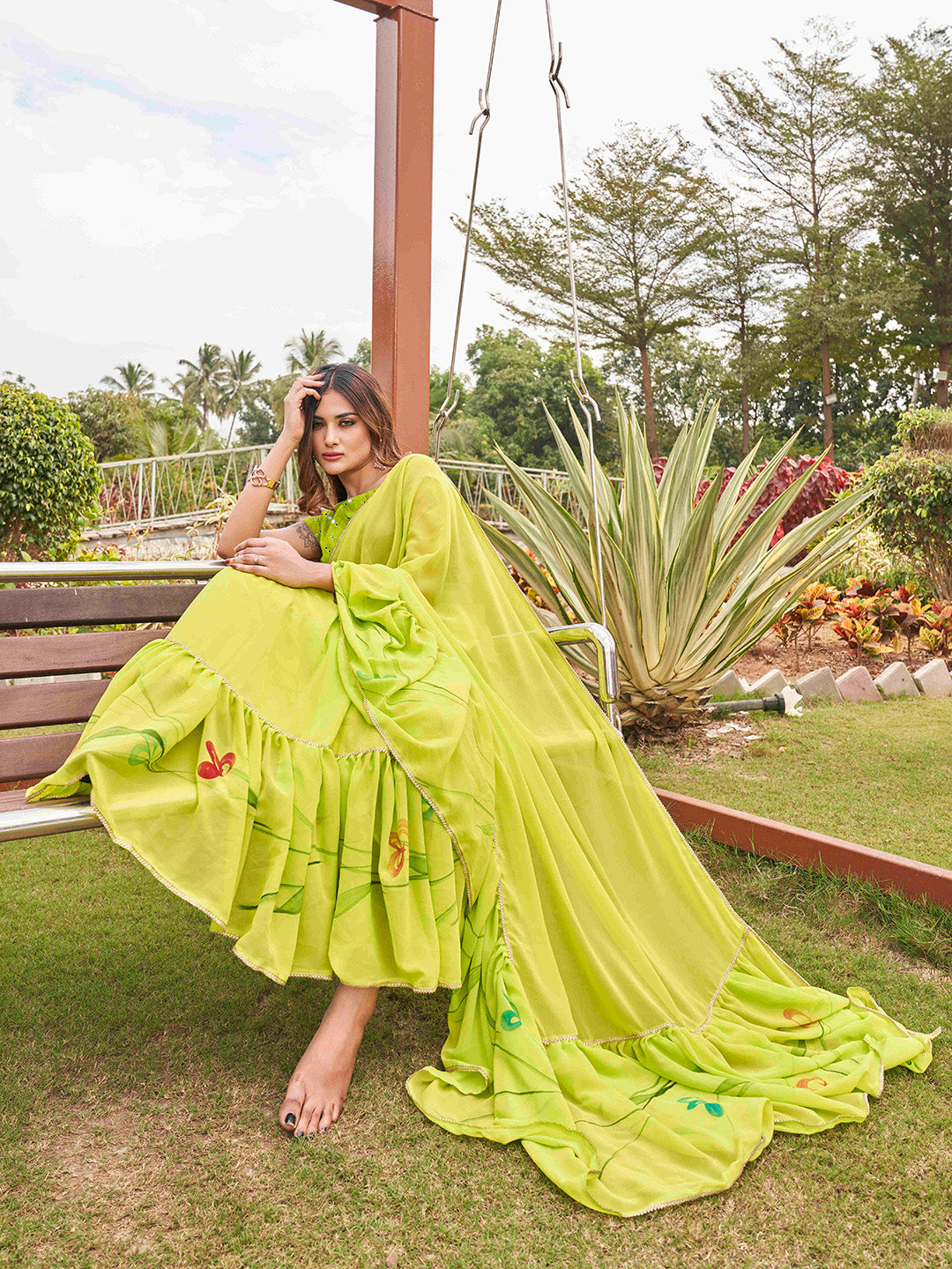 Tikhi Imli Printed Ruffle Saree With Mirror Embroidered Work Blouse