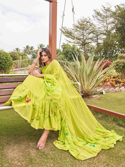 Tikhi Imli Printed Ruffle Saree With Mirror Embroidered Work Blouse