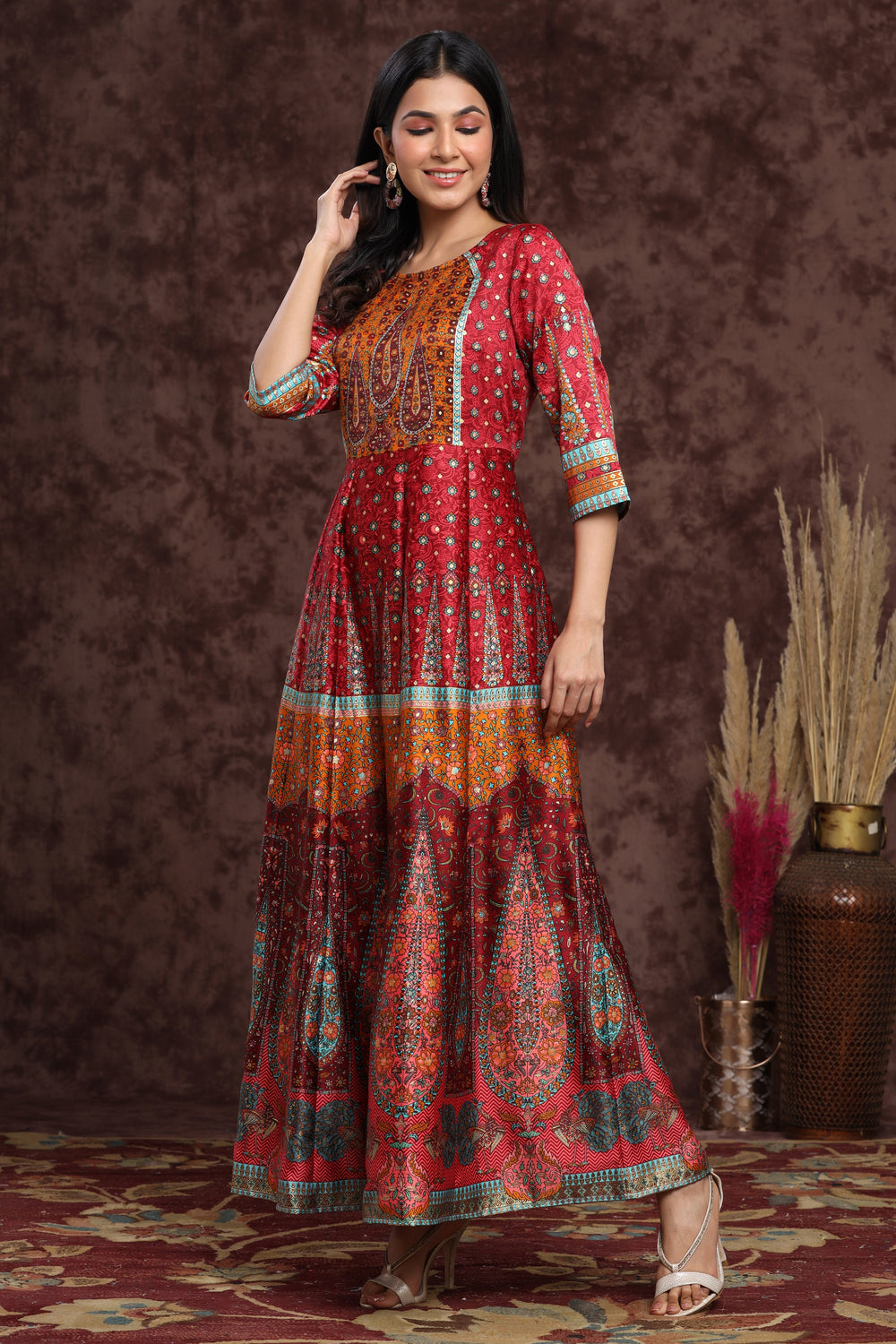 Juniper Women's Maroon Dull Satin Printed Anarkali Dress