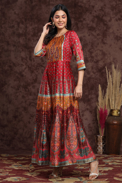 Juniper Women's Maroon Dull Satin Printed Anarkali Dress