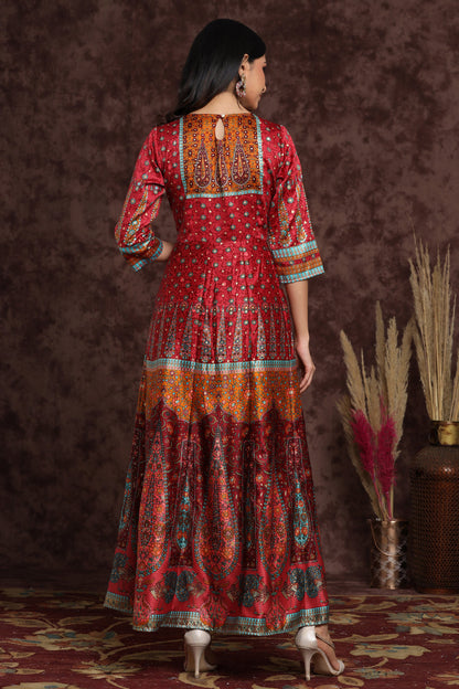 Juniper Women's Maroon Dull Satin Printed Anarkali Dress