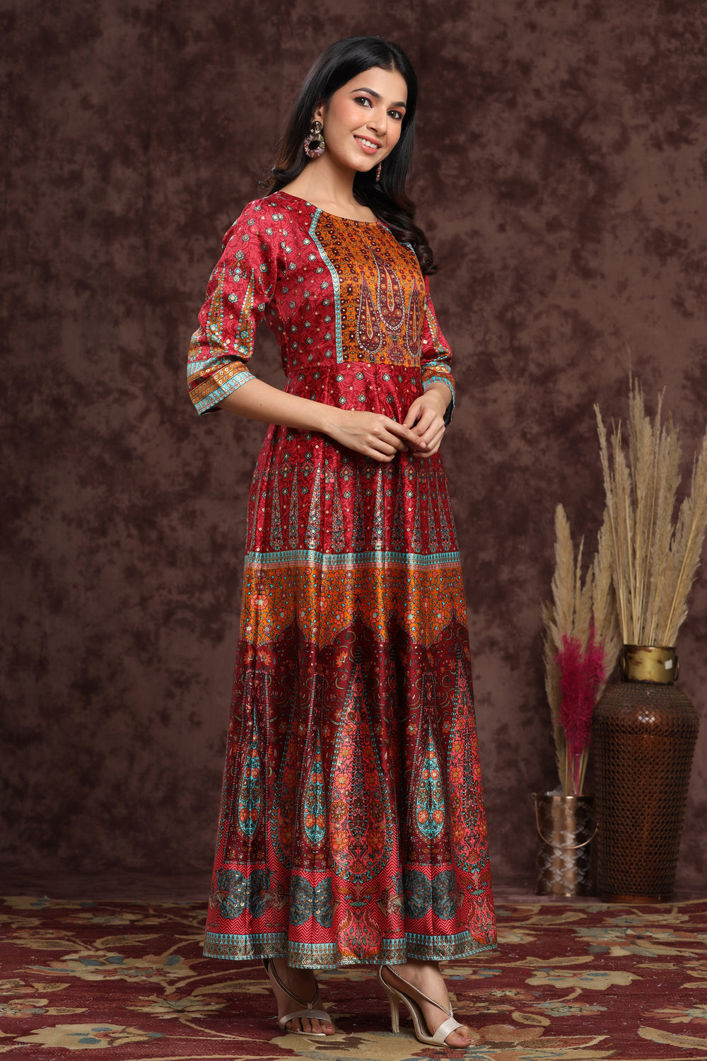 Juniper Women's Maroon Dull Satin Printed Anarkali Dress