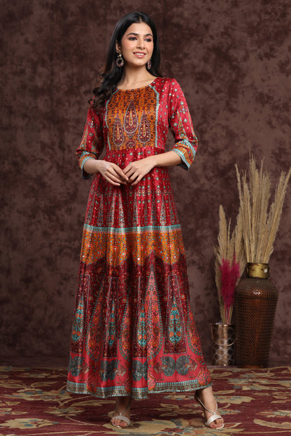 Juniper Women's Maroon Dull Satin Printed Anarkali Dress