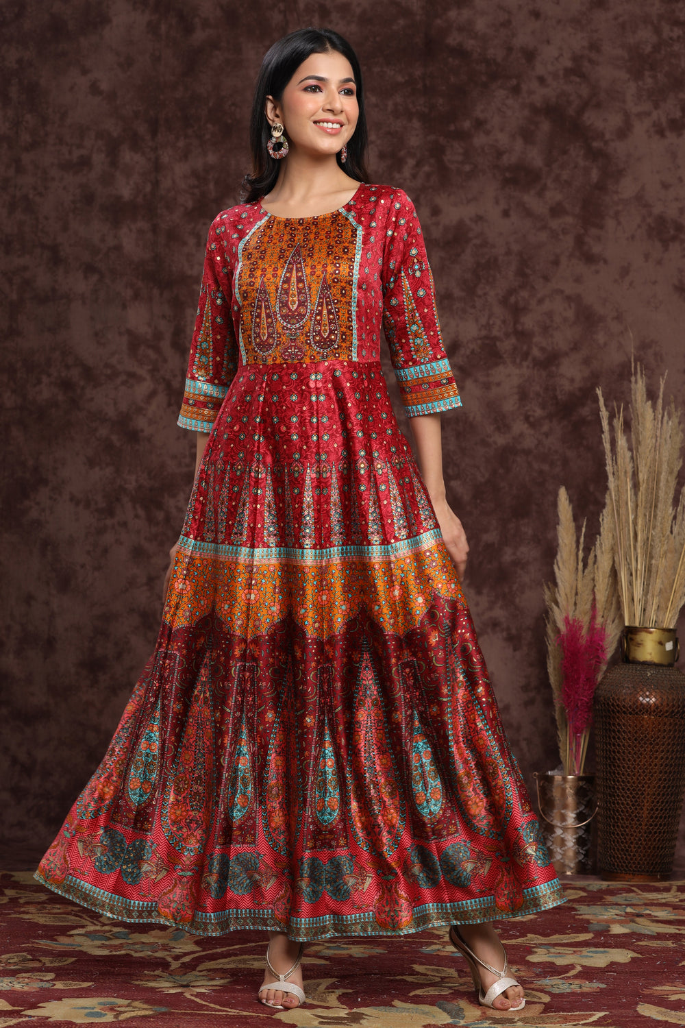 Juniper Women's Maroon Dull Satin Printed Anarkali Dress