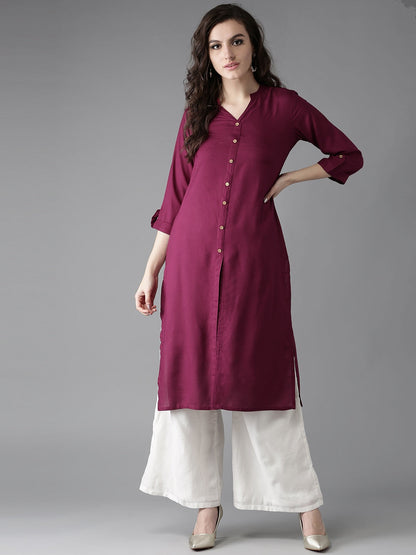 HERE&NOW Women Burgundy Solid Straight Kurta