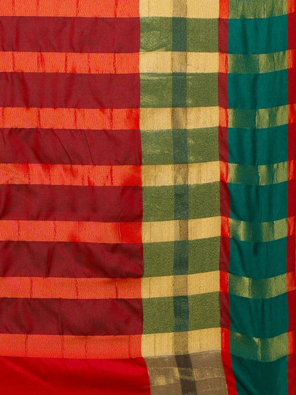 Saree Mall Red & Gold-Toned Silk Cotton Colourblocked Kanjeevaram Saree