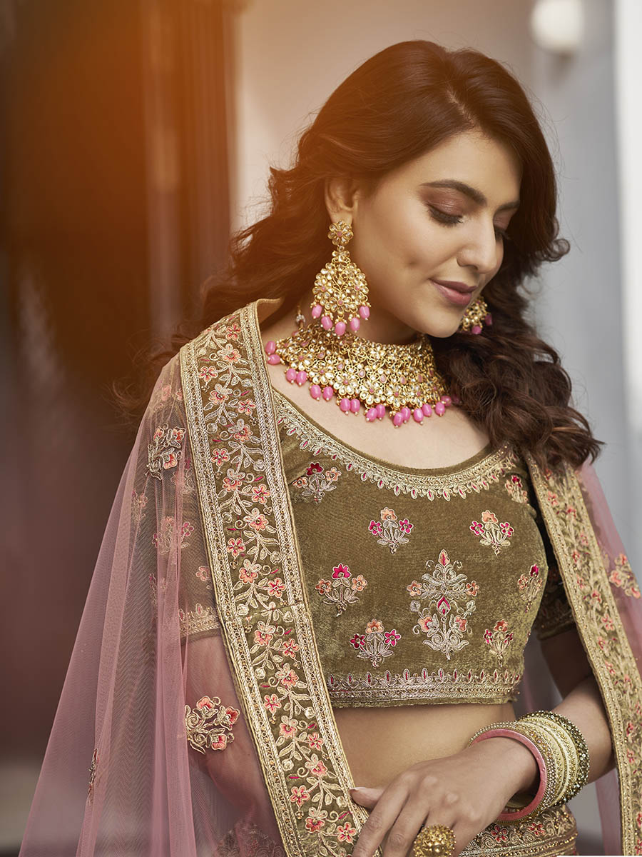 Myra Olive Green Velvet Embroidered Designer Lehenga