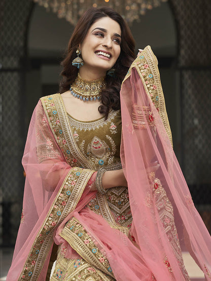 Myra Olive Green Velvet Embroidered Designer Lehenga