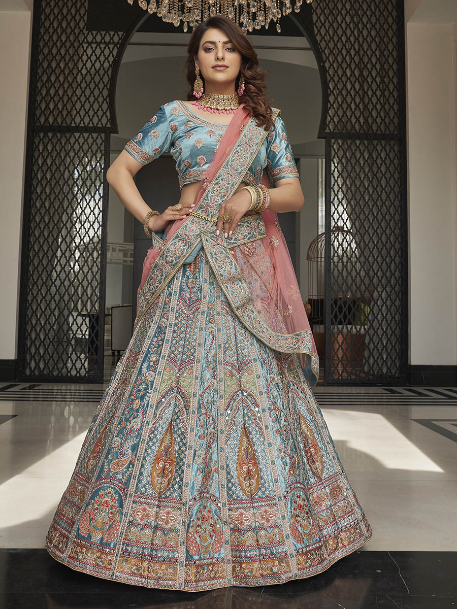 Myra Turquoise Velvet Embroidered Designer Lehenga