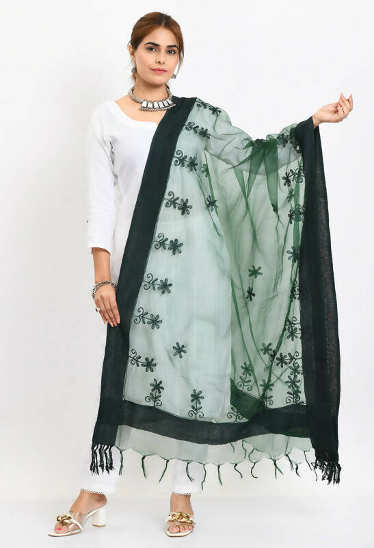 Mominos Fashion Moeza Women's Orgenza All Over Chikan Work Bottle Green Dupatta