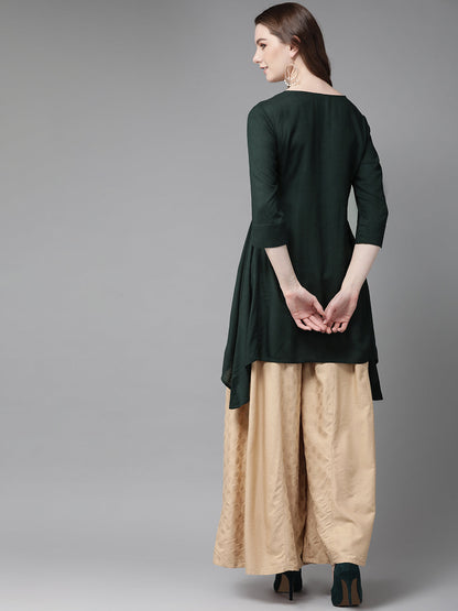 Juniper Women Jadegreen Rayon Slub Solid Asymmetric Kurta