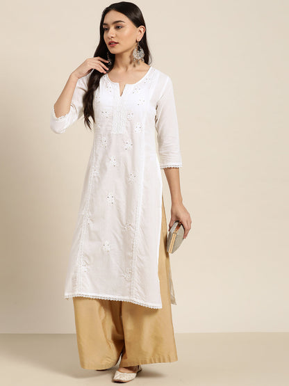 Juniper Women White Cotton Voile Embroidered Straight Kurta