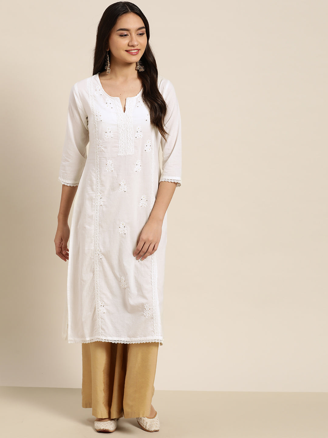Juniper Women White Cotton Voile Embroidered Straight Kurta