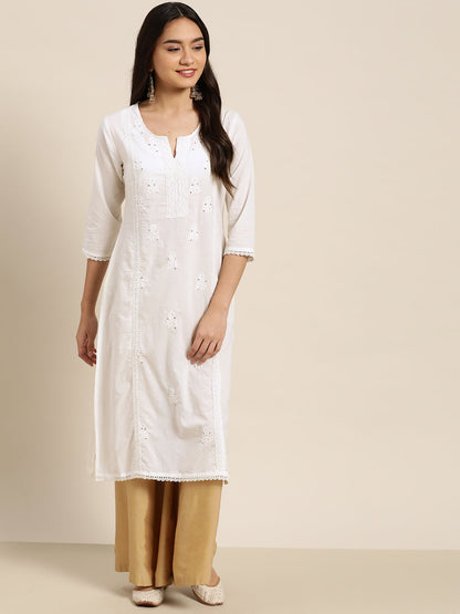 Juniper Women White Cotton Voile Embroidered Straight Kurta
