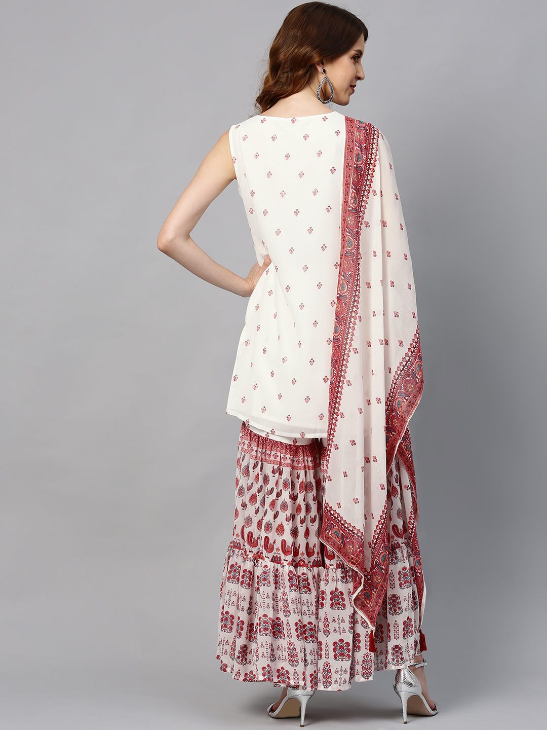 Juniper Womens Maroon Embroidered And Printed Kurta Sharara Dupatta Set