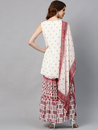 Juniper Womens Maroon Embroidered And Printed Kurta Sharara Dupatta Set
