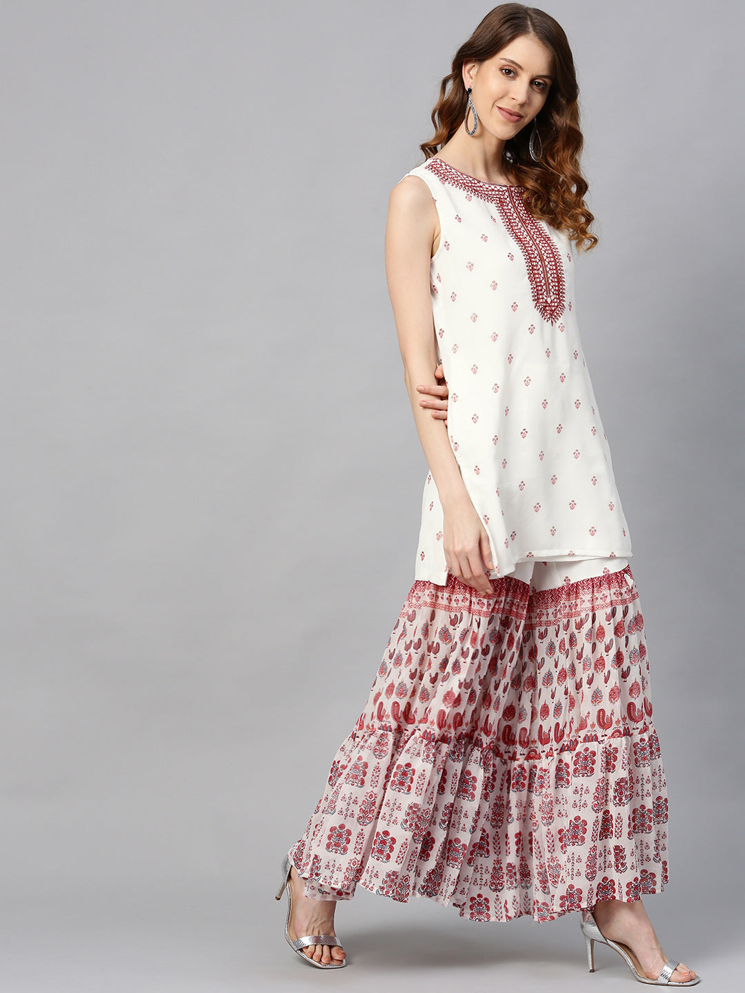 Juniper Womens Maroon Embroidered And Printed Kurta Sharara Dupatta Set
