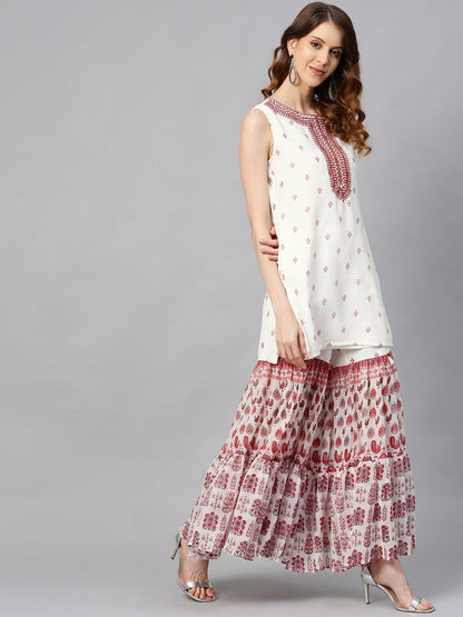 Juniper Womens Maroon Embroidered And Printed Kurta Sharara Dupatta Set