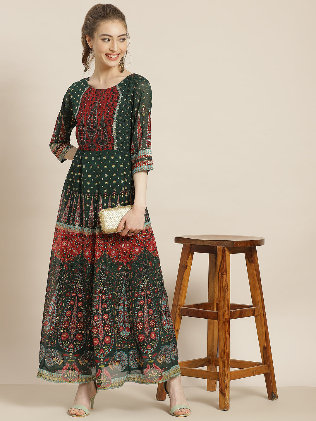 Juniper Womens Jadegreen Georgette Foil Print Maxi Dress