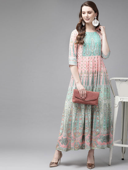 Juniper Womens Peach Georgette Foil Print Maxi Dress