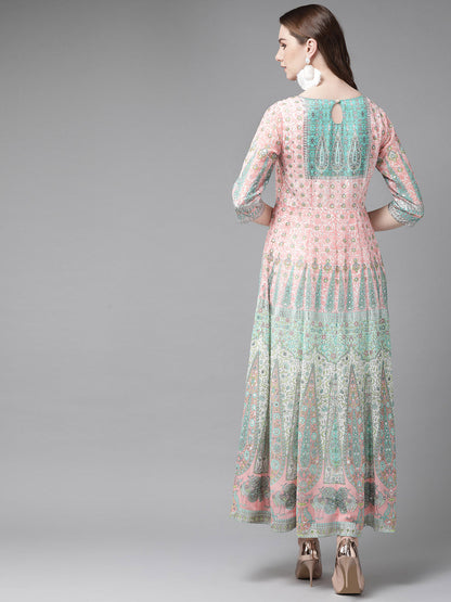 Juniper Womens Peach Georgette Foil Print Maxi Dress
