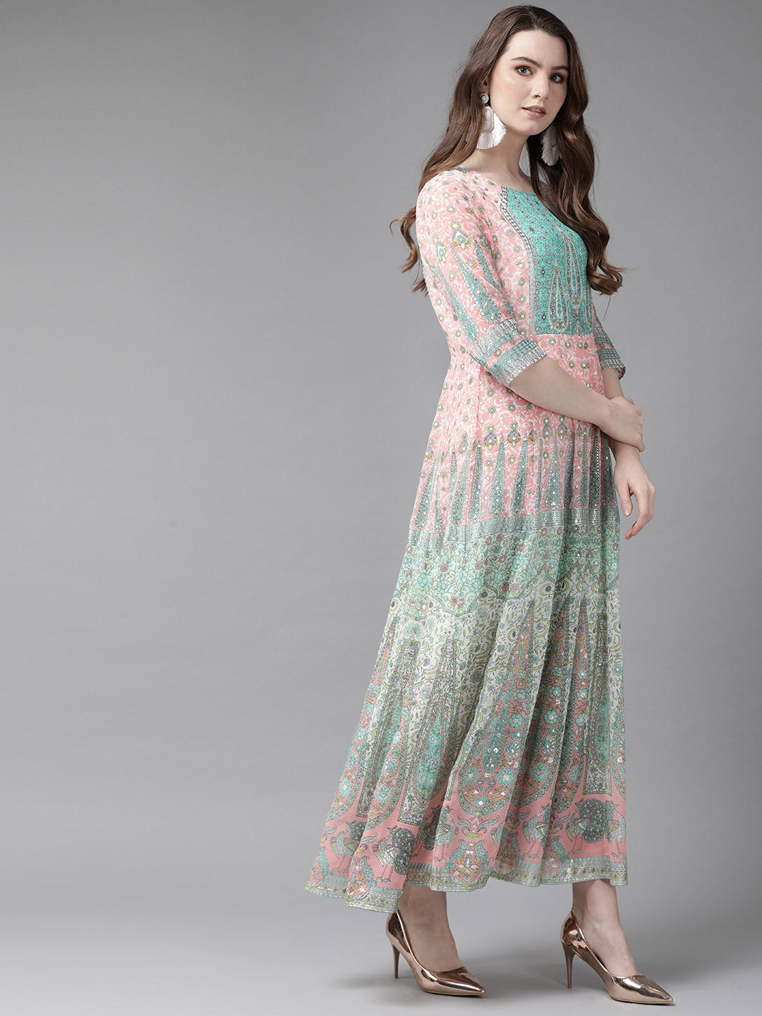 Juniper Womens Peach Georgette Foil Print Maxi Dress