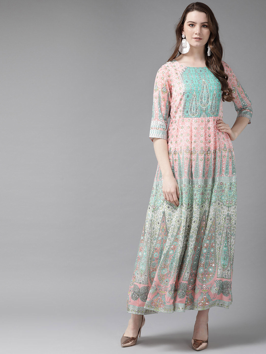 Juniper Womens Peach Georgette Foil Print Maxi Dress